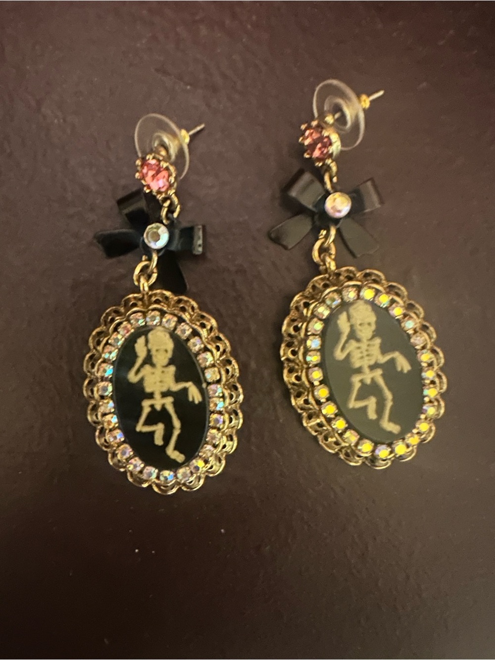 Betsey Johnson Rare Skeleton Cameo Drop Earrings with Pink & Black Accents
